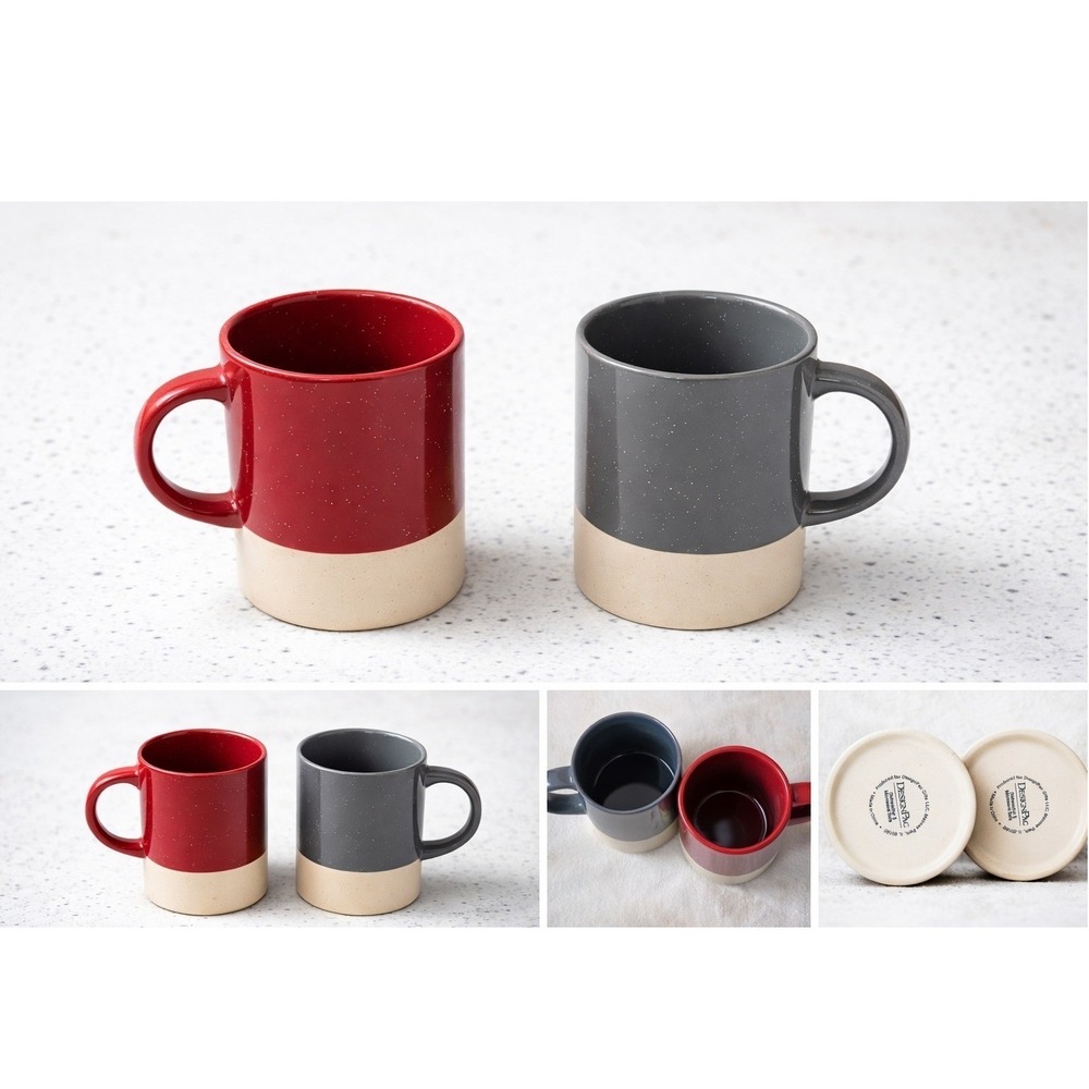 DesignPac Ceramic Mug Set Red Gray Speckled Color Block Coffee Cups 2pc